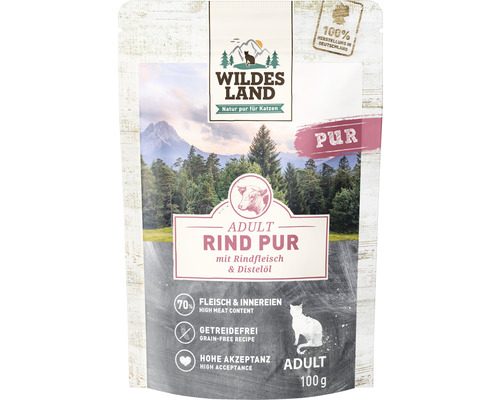 Wet cat food WILDES LAND PURE beef with safflower oil with valuable superfoods, grain-free, gluten-free 100 g