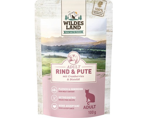 Wet cat food WILDES LAND beef and turkey with cranberries with valuable superfoods, grain-free, gluten-free 100 g