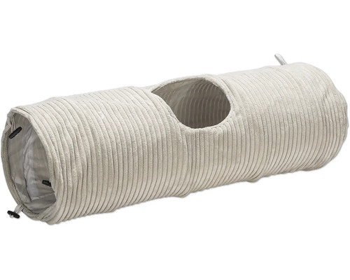 Cat toy designed by Lotte, cardboard cat tunnel, ribbed light grey fabric, approx. 25 x 25 x 75 cm