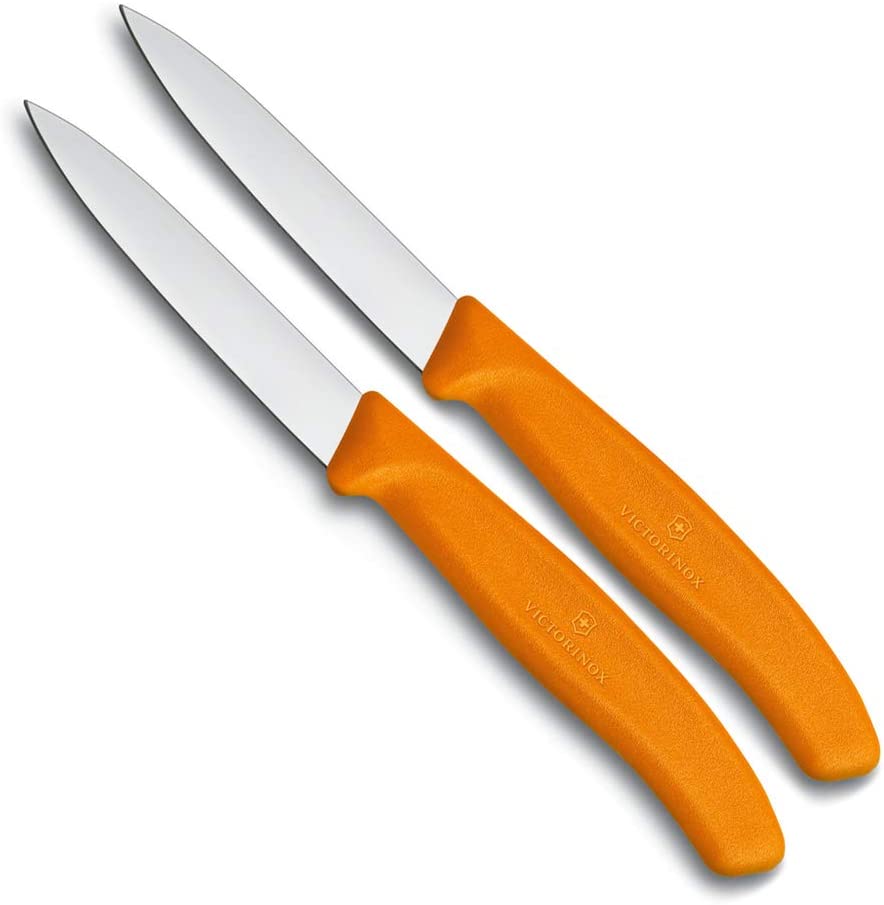 Victorinox Swiss Classic 8 cm Serrated Vegetable Knife - Medium Point - Blade Guard - Dishwasher-Safe - Set of 2, orange