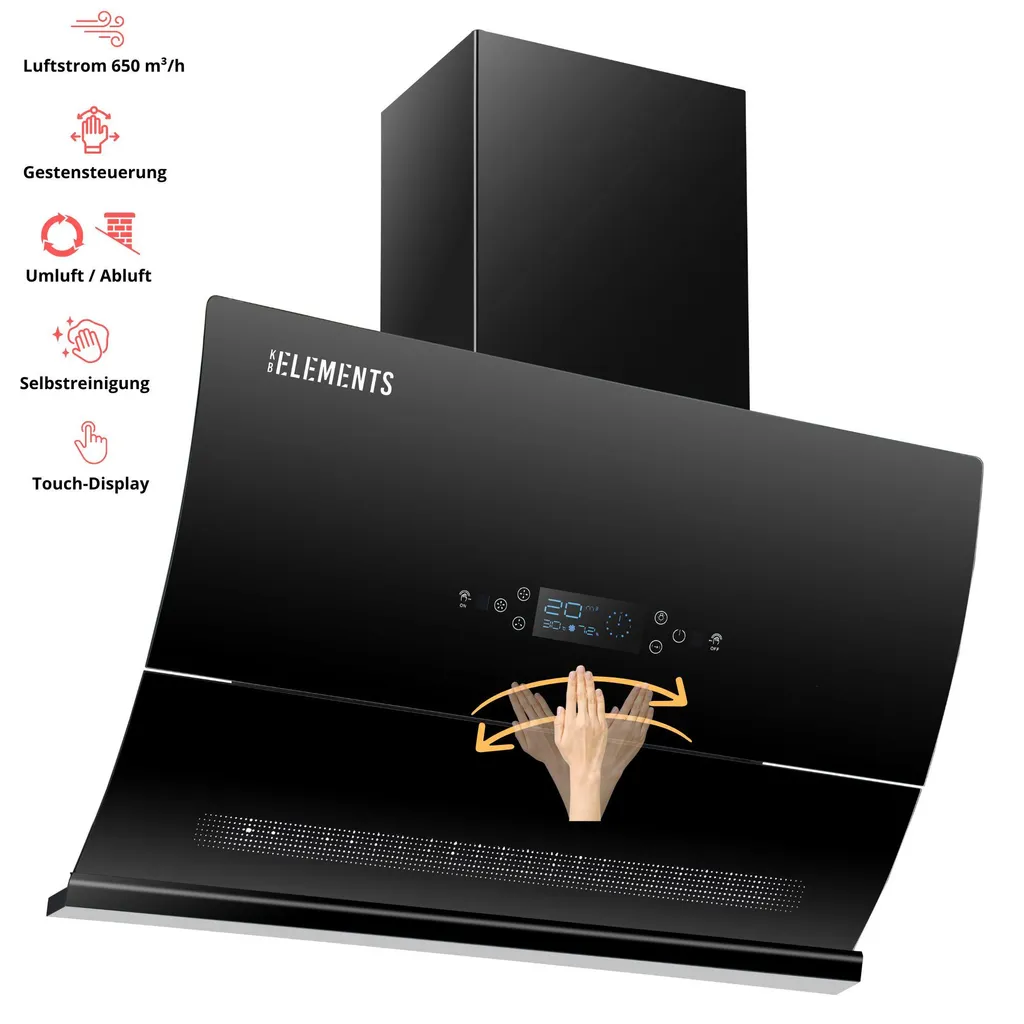 KB ELEMENTS extractor hood 60 cm, 650 m³/h, touch and gesture control, large touch display, self-cleaning system, ducted extraction, recirculating extraction