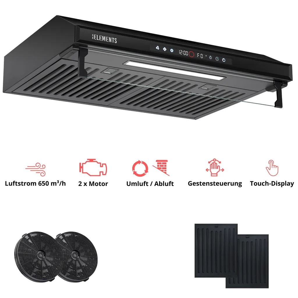 KB ELEMENTS 60cm Under-Cabinet Extractor Hood, 650 m³/h, Touch and Gesture Control, Dual Motor, Extraction/Recirculation
