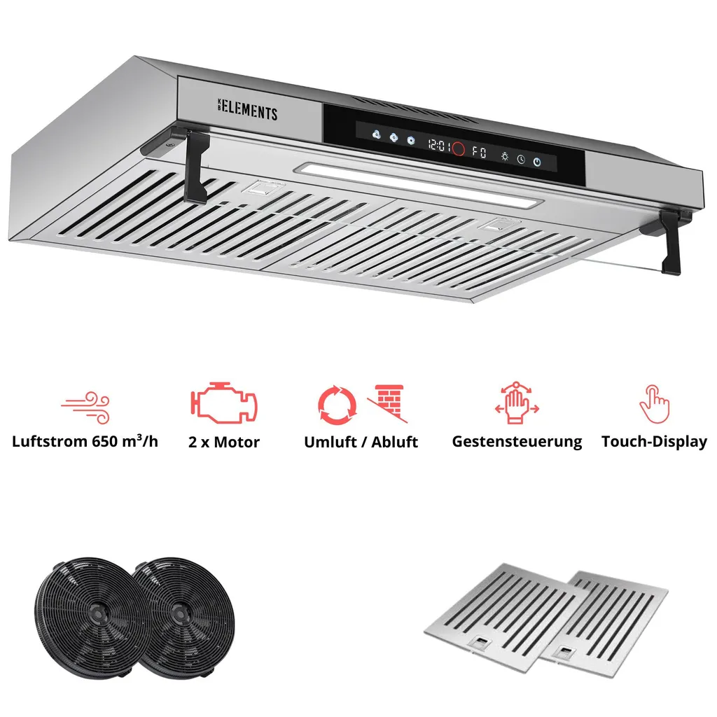 KB ELEMENTS 60cm under-cabinet extractor hood, 650 m³/h, touch and gesture control, dual motor, ducted extraction, recirculating extraction