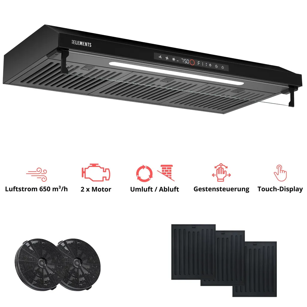 KB ELEMENTS 90cm under-cabinet extractor hood, 650 m³/h, touch and gesture control, dual motor, ducted extraction, recirculating extraction
