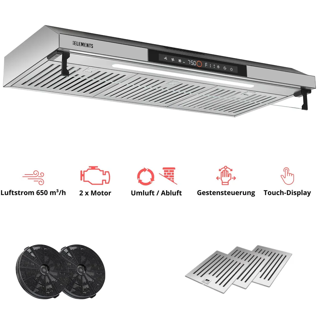 KB ELEMENTS under-cabinet extractor hood 90cm, 650 m³/h, touch and gesture control, dual motor, ducted extraction, recirculating extraction