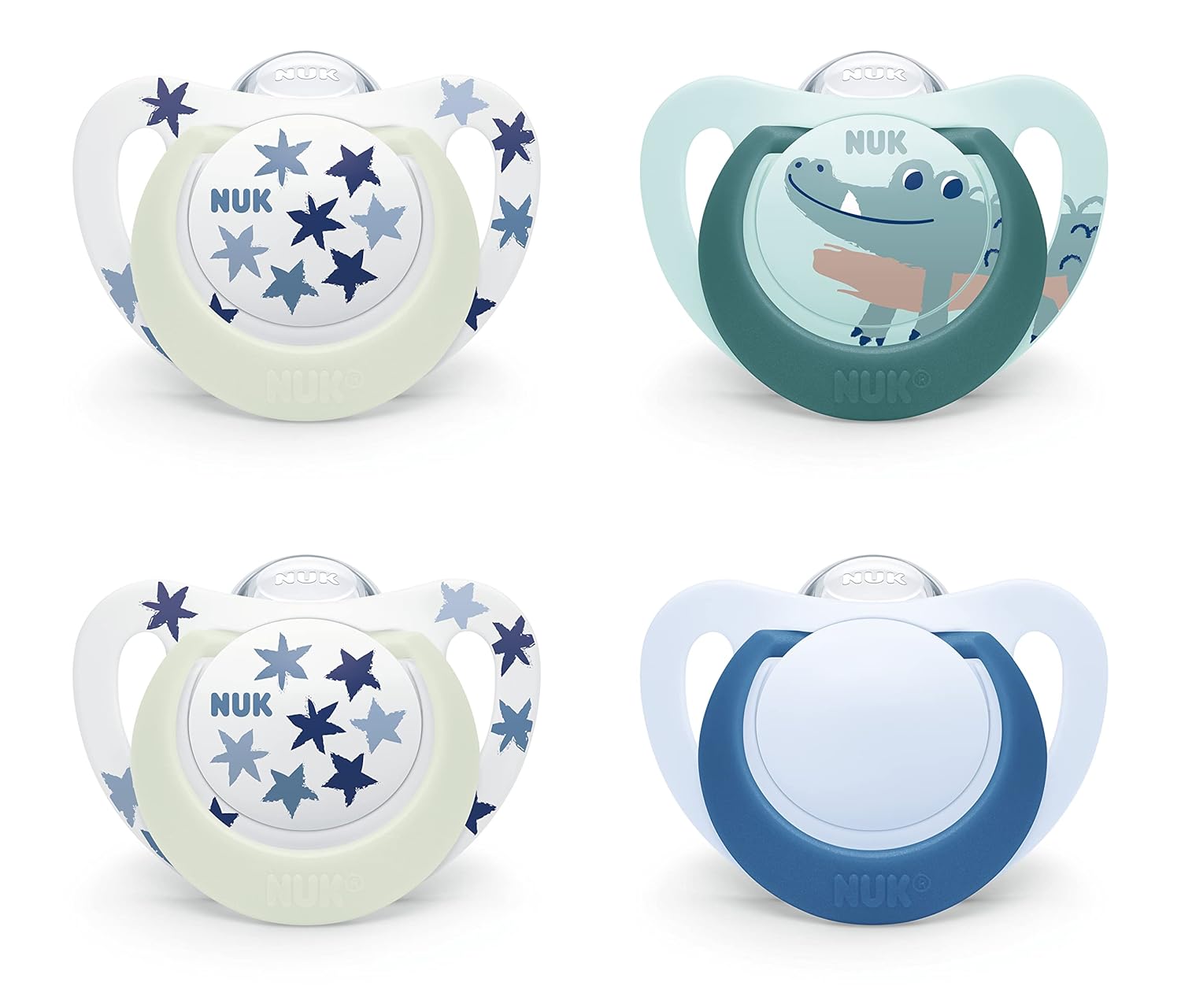 NUK Star Day & Night Baby Dummies | 18-36 Months | Soothes 99% of Babies | BPA Free Silicone Pacifier | With Luminous Effect for Easy Finding in the Dark | Crocodile | Pack of 4
