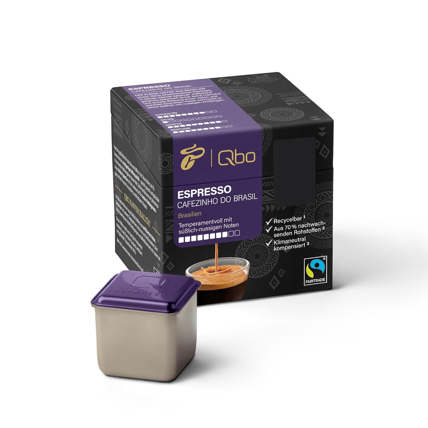 Tchibo Qbo Espresso Cafezinho do Brazil Premium Coffee Capsules, Pack of 8 (Espresso, Intensity 8/10, Spirited & Nutty), Sustainable, Made from 70% Renewable Raw Materials & Climate Neutral