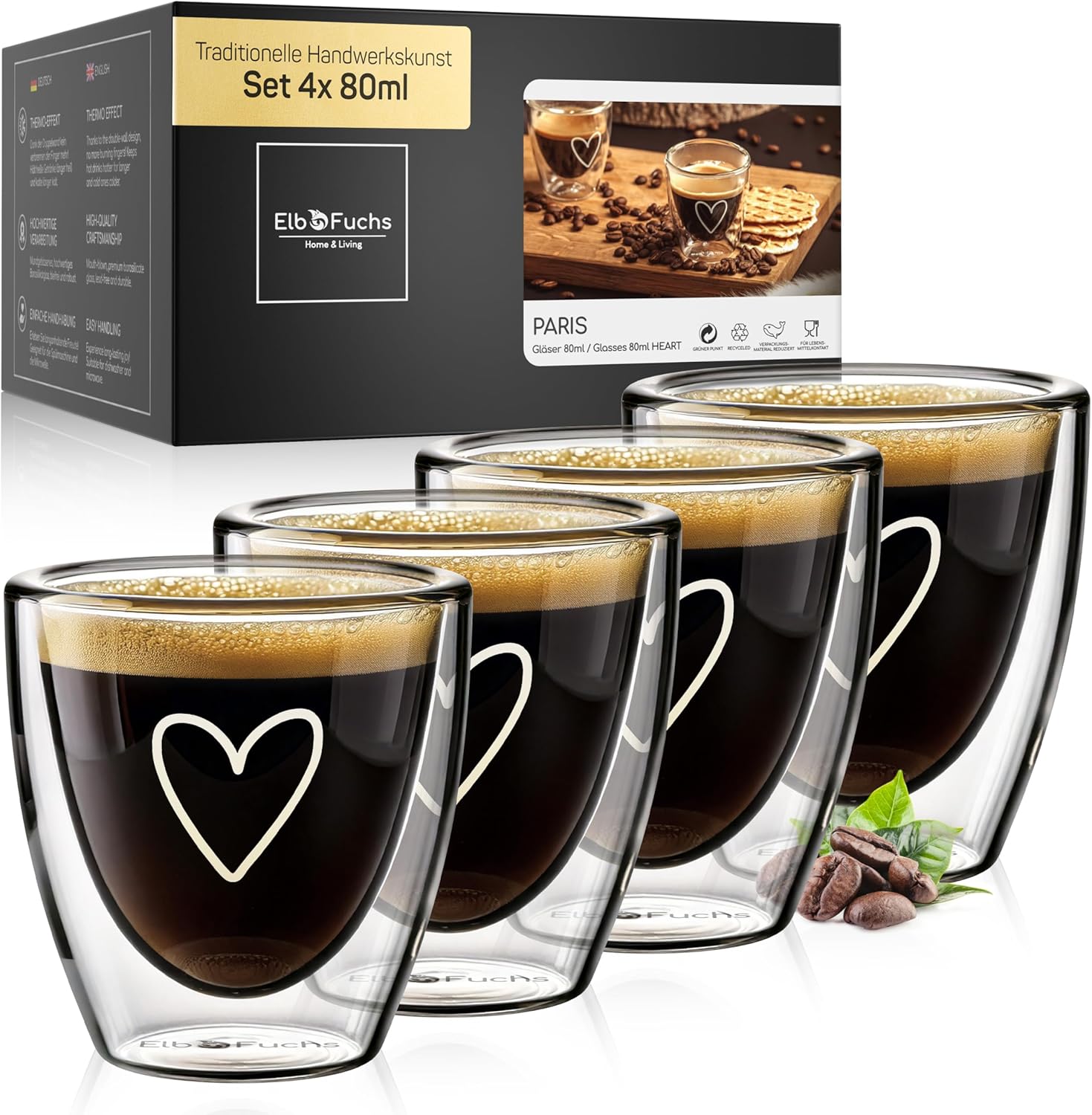Espresso Cup Set HEART, 4 x 80 ml, Double-Walled Espresso Glasses Set, Thermal Glasses Double-Walled, Unusual Espresso Cups, Glass without Handle for All Espresso Machines