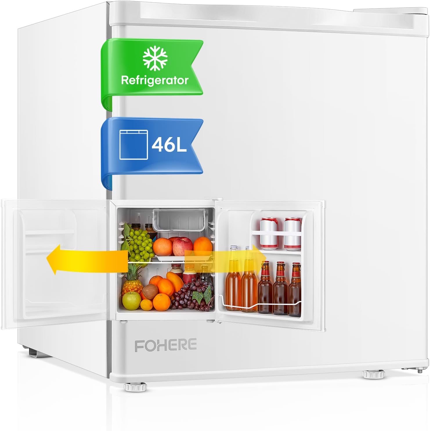 FOHERE Mini Fridge 46 L with Ice Compartment, Drinks Refrigerator, Temperature Control, Energy Saving, Quiet, Small Fridge Ideal for Kitchen, Office, Bedroom, Interchangeable Door Hinge, White