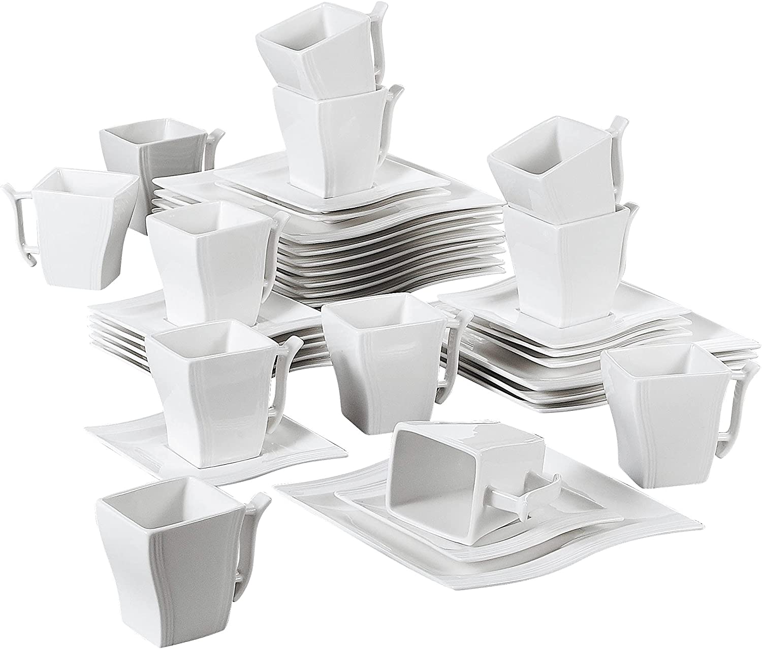 MALACASA, Flora Series 36-Piece Set Cream White Porcelain Coffee Service Crockery Set with 12 Cake Plates, 12 Cups 220 ml, 12 Saucers for 6 People