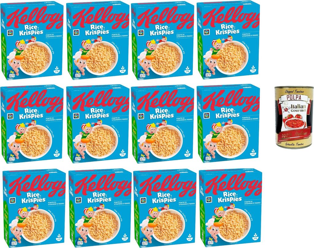 Kellogg's Rice Krispies (12 x 360g) – roasted cereal with a savory crunch – crispy puffed rice for maximum breakfast fun + Italian Gourmet Polpa 400g