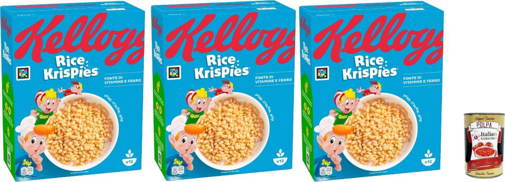 Kellogg's Rice Krispies (3 x 360g) – roasted cereal with a savory crunch – crispy puffed rice for maximum breakfast fun + Italian Gourmet Polpa 400g