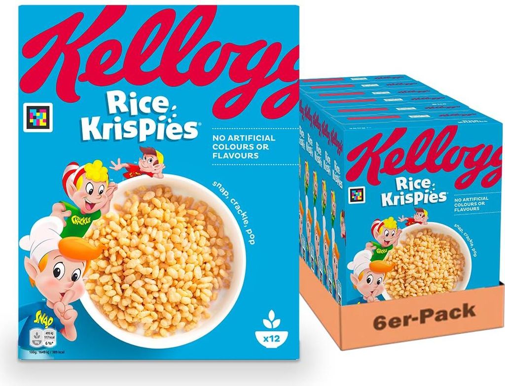 Kellogg's Rice Krispies (6 x 360 g) – roasted cereal with a savory crunch – crispy puffed rice for maximum breakfast fun