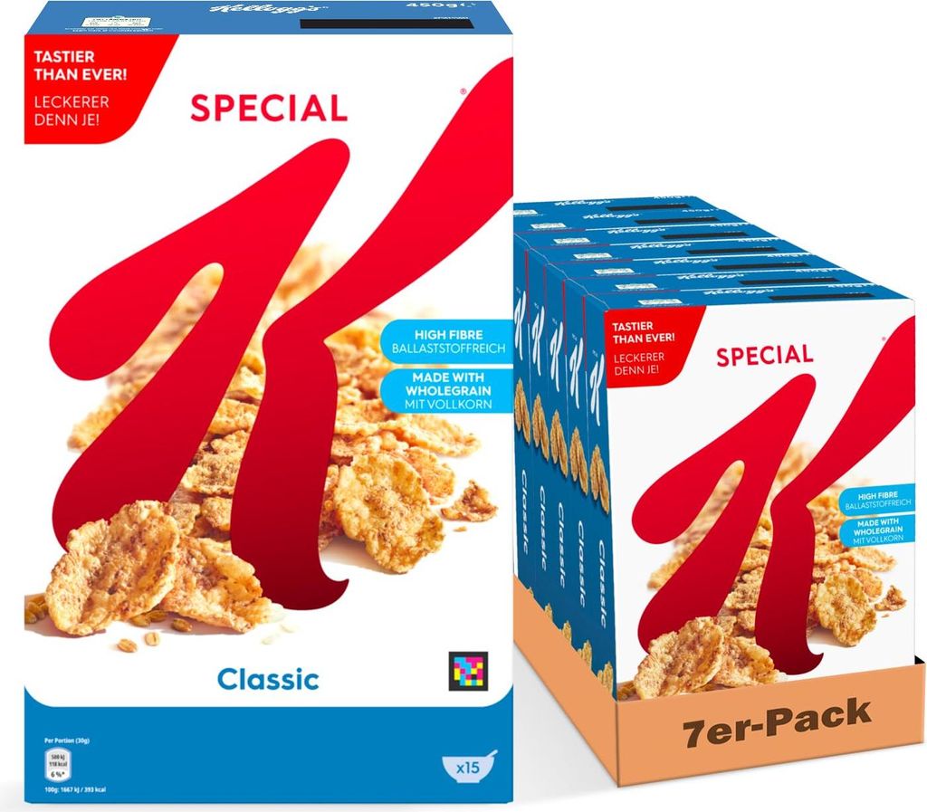 Kellogg’s Special K Classic (7 x 450 g) – crispy cereal flakes with wholegrain wheat – high-fiber breakfast cereal – natural enjoyment without artificial colors and flavors 3150g