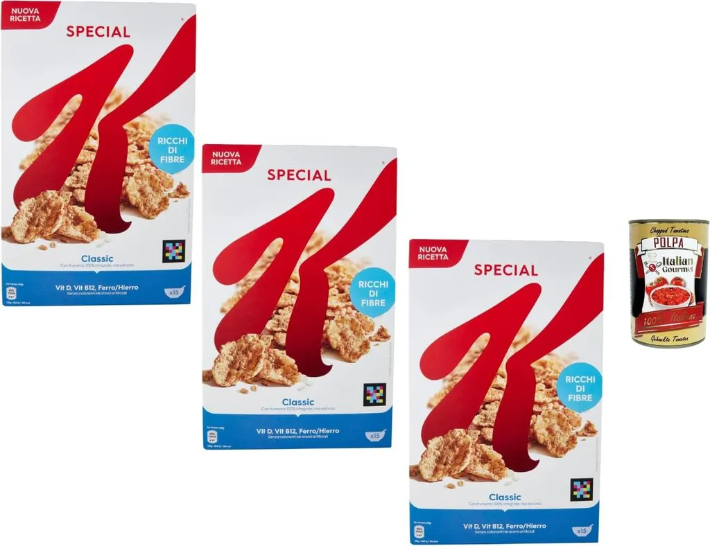Kellogg’s Special K Classic Breakfast Cereal 3x450g Wholegrain Flakes rich in fiber with vitamins and iron crispy cereal + Italian Gourmet polpa