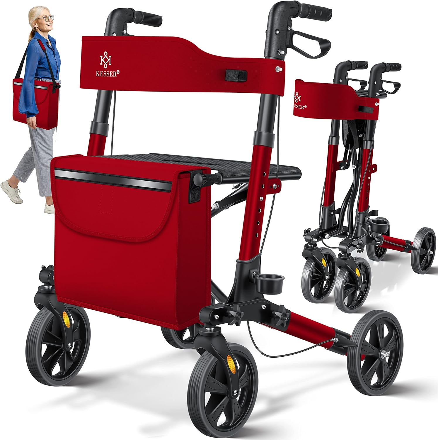 Kesser Aluminium Rollator Set, Lightweight Travel Walker, Fully Equipped 3-Way Foldable Rollator - Ideal for Car Boot, Travel and Flight, Height Adjustable, Strap, Walking Aid