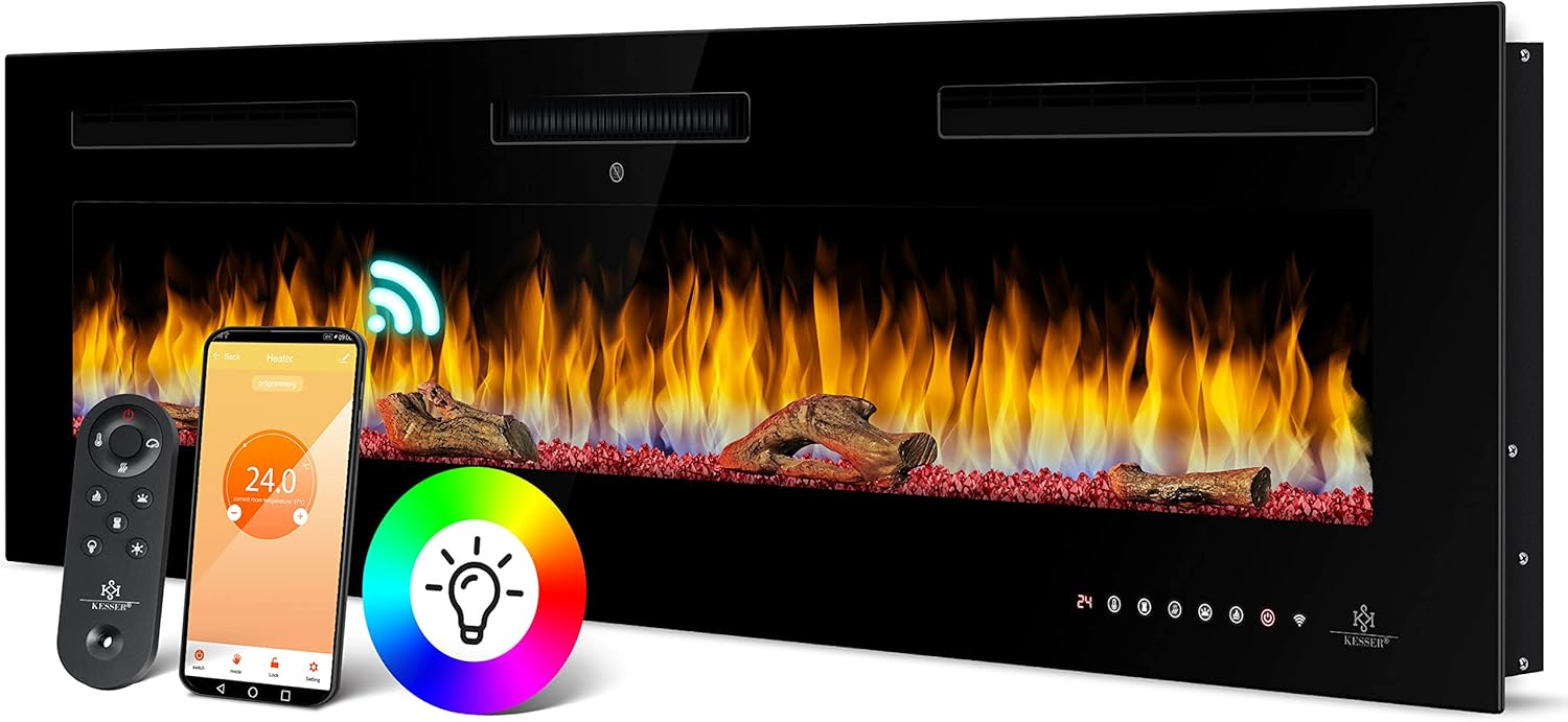 KESSER® Electric Fireplace Wall Fireplace Electric Fireplace with Heating 9 Colour Modes LED Flame Effect 900/1800 W 152 cm Fireplace Wall and Built-in Fireplace Wall Mounted Heating App Function