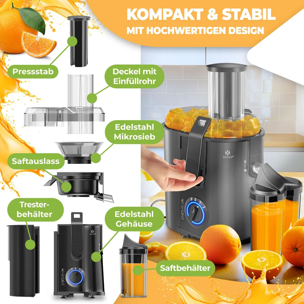 KESSER® Stainless Steel Juicer for Fruits and Vegetables, 1100W, Large 85mm Feed Chute, Includes Cleaning Brush and Juice Container, 3 Speed ​​Settings, Juicer Press, Black