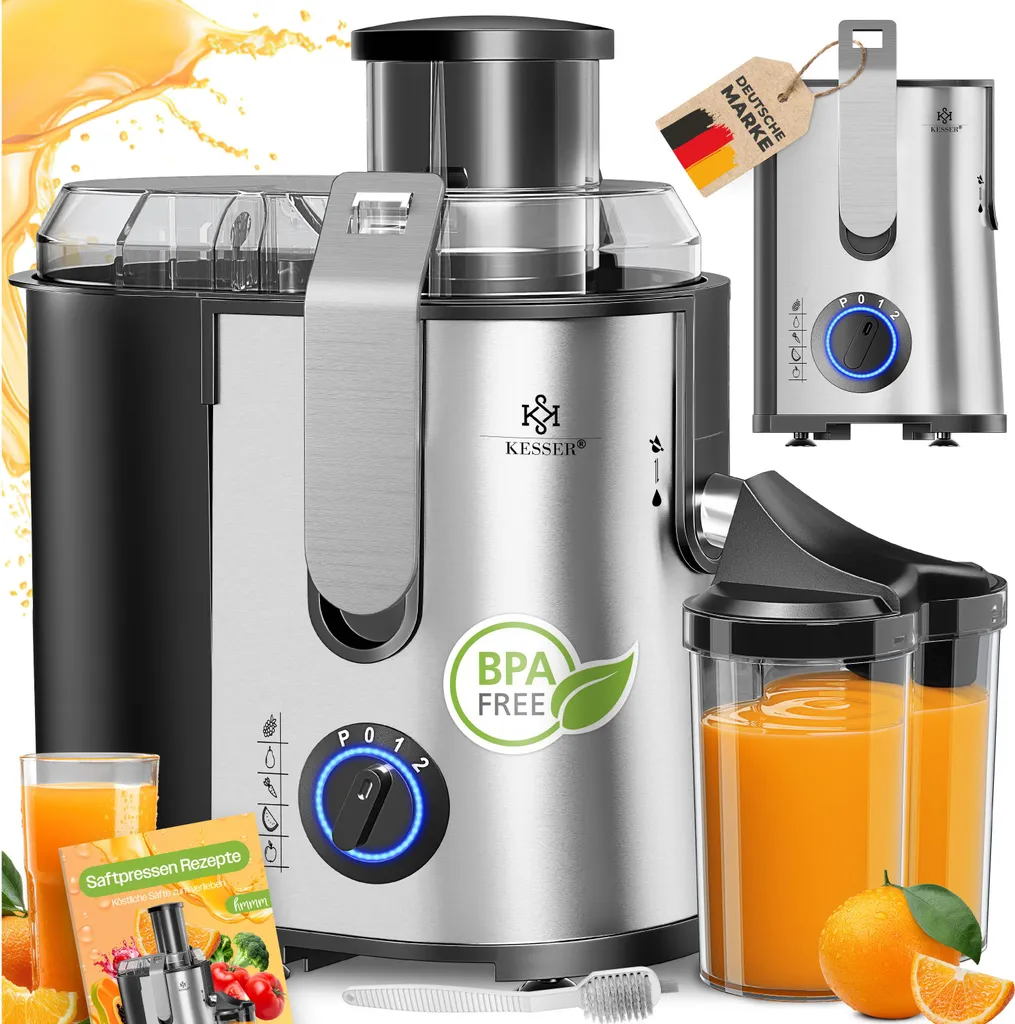 KESSER® Stainless Steel Juicer for Fruits and Vegetables, 1100W, Large 85mm Feed Chute, Includes Cleaning Brush and Juice Container, 3 Speed ​​Settings, Silver / Silver
