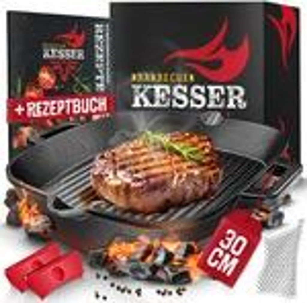 KESSER® Cast Iron Pan | Cast Iron Grill Pan, Induction Compatible, for Grill & Oven, Pre-Seasoned | Includes Protective Handles, Recipe Book and Ring Cleaner - 30 cm