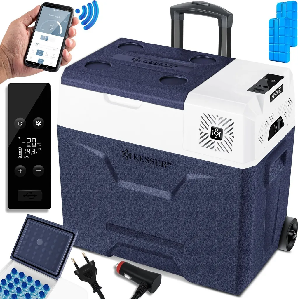 KESSER® Compressor Cooler/Freezer, with App Control, USB Port, 12/24V/230V, + Telescopic Pole, Ice Packs, Wheels, Cooling down to -20°C for Car, Truck, Boat, Motorhome, Camping