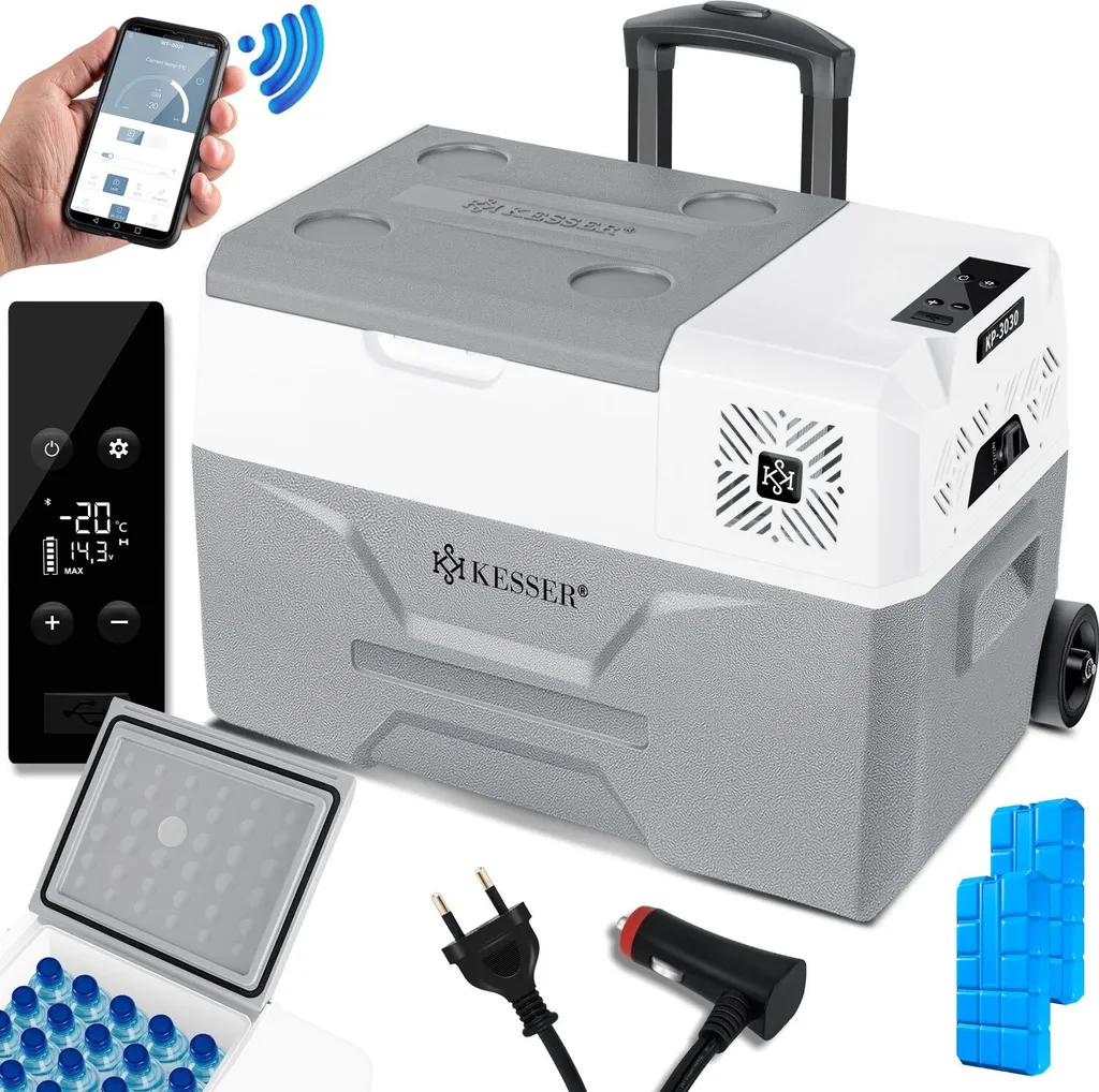 KESSER® Compressor Cooler/Freezer, with App Control, USB Port, 12/24V/230V, + Telescopic Pole, Ice Packs, Wheels, Cooling down to -20°C for Car, Truck, Boat, Motorhome, Camping