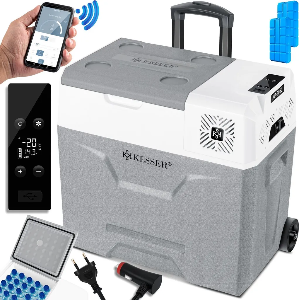 KESSER® Compressor Cooler/Freezer, with App Control, USB Port, 12/24V/230V, + Telescopic Pole, Ice Packs, Wheels, Cooling down to -20°C for Car, Truck, Boat, Motorhome, Camping