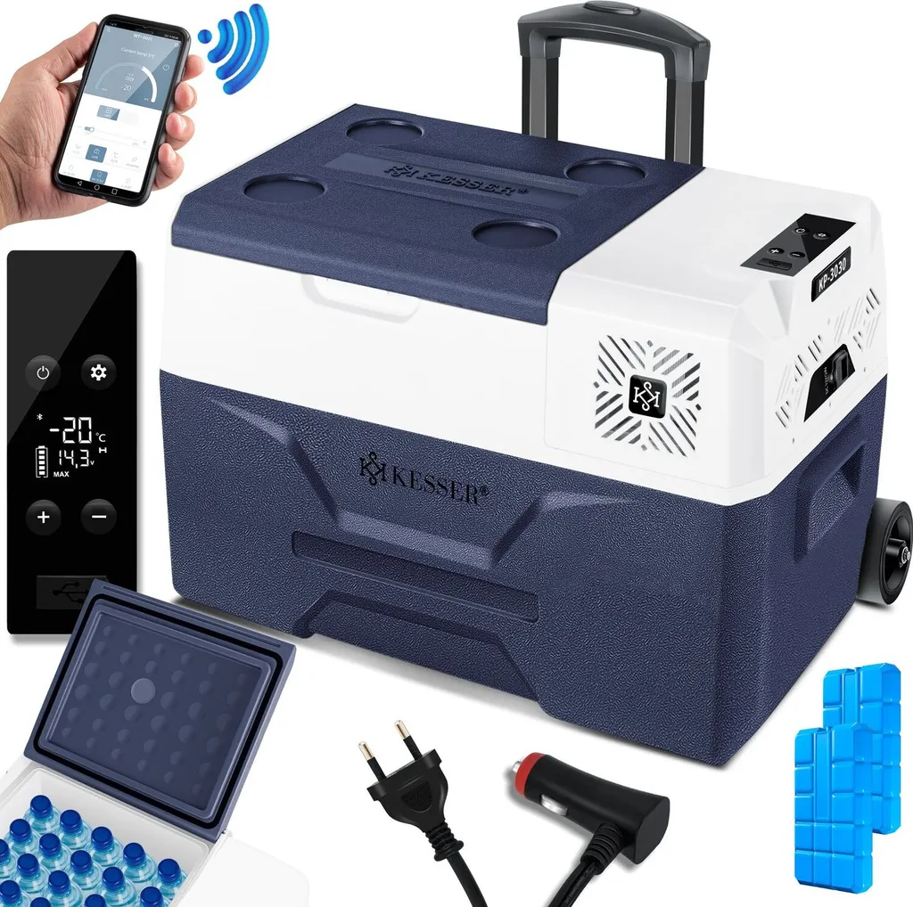 KESSER® Compressor Cooler/Freezer, with App Control, USB Port, 12/24V/230V, + Telescopic Pole, Ice Packs, Wheels, Cooling down to -20°C for Car, Truck, Boat, Motorhome, Camping