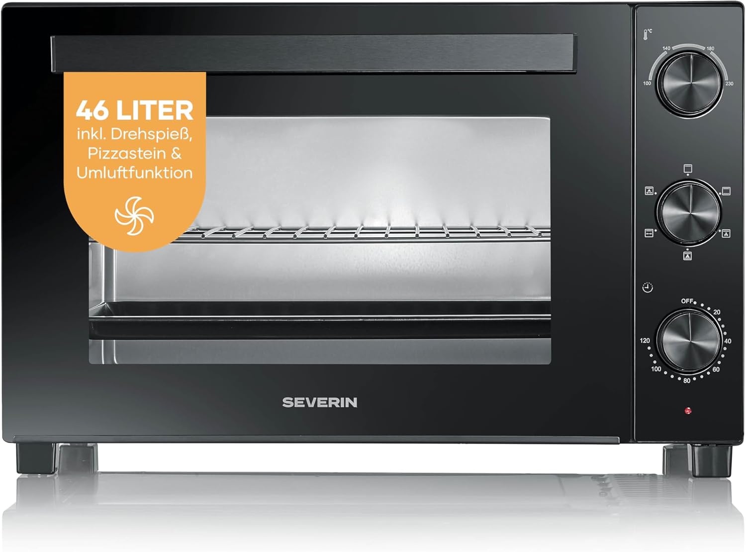 SEVERIN Store Severin Oven with Convection Function, Includes Rotisserie for Meat, Versatile Hot Air Oven with 46 L Capacity, Oven 100-230 Degrees, Timer 120 Min, 1800 W, Black, TO 9025