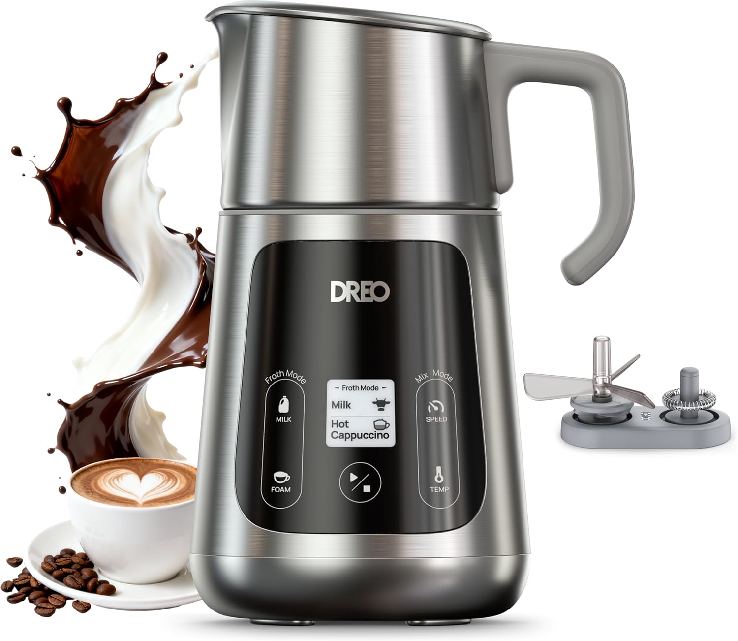 Dreo Electric Milk Frother [Improved], All-in-1 450 ml Electric Milk Frother for Latte, Cappuccino, Hot Chocolate, Over 30 Drinks, Easy to Clean, Dishwasher Safe, LED Display