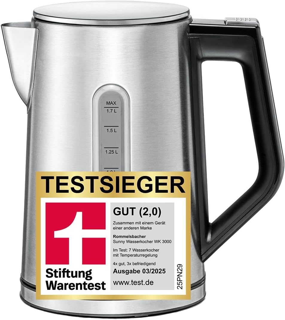 ROMMELSBACHER Kettle WK 3000 - Stiftung Warentest Sieger 3/2025, 1.7 liters, 1-button control, set start function, temperature selection from 45-100 °C, closed pot base, automatic boiling stop