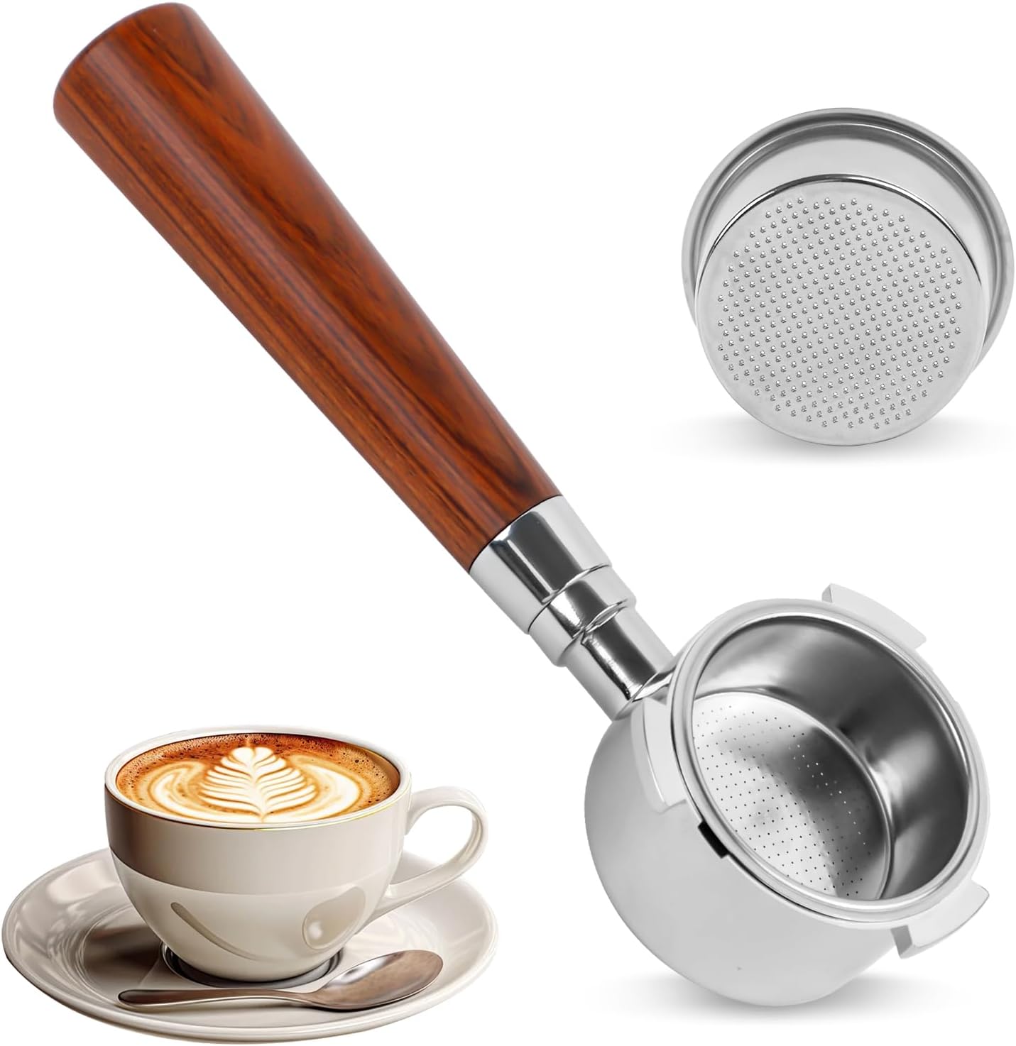 ROTKUSZ Bottomless Portafilter 51 mm with 3 Ears, Espresso Bottomless Portafilter, Stainless Steel Filter Basket and Redwood Handle, Compatible with DeLonghi Dedica EC685, EC680, EC785, EC820, EC850