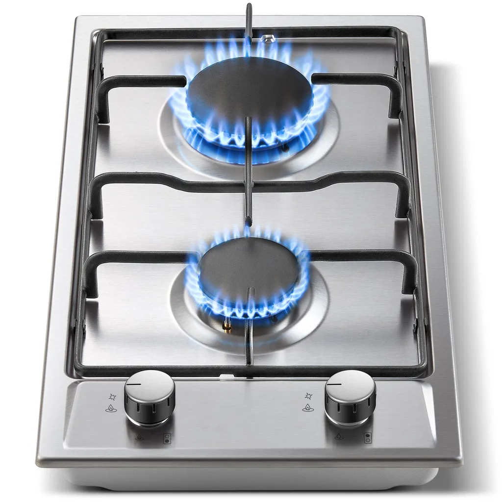 KICHPOWER TopStrong Gas Hob, 2 Burners, 30 cm, Stainless Steel, 4200 W, Built-in & Freestanding, Natural Gas & LPG, with Flame Failure Device, Electric Ignition