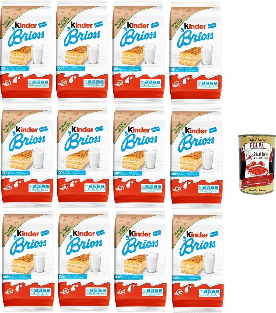 Italian Gourmet E.R. Kinder Brioss - 10 Sponge Cake Snacks, naturally made with 100% Italian milk filling, excellent for breakfast and snacking, 12 x 270g + Italian Gourmet polpa 400g