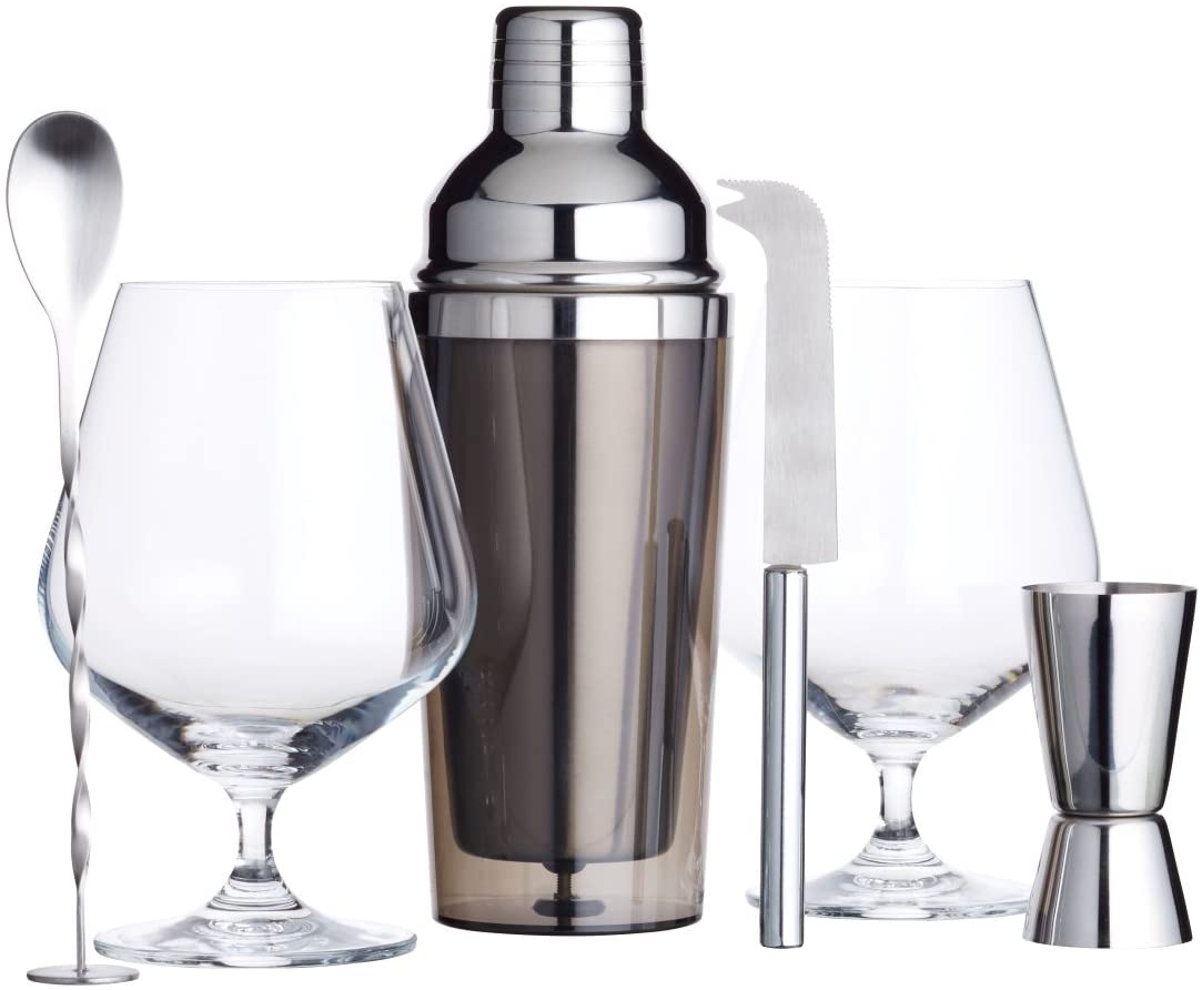 KitchenCraft BarCraft Luxury Gin Gift Set with Gin Glasses, Cocktail Shaker, Cocktail Stirrer, Double Sided Jigger Measure, Bar Knife and Beverage Mix Recipe - Stainless Steel