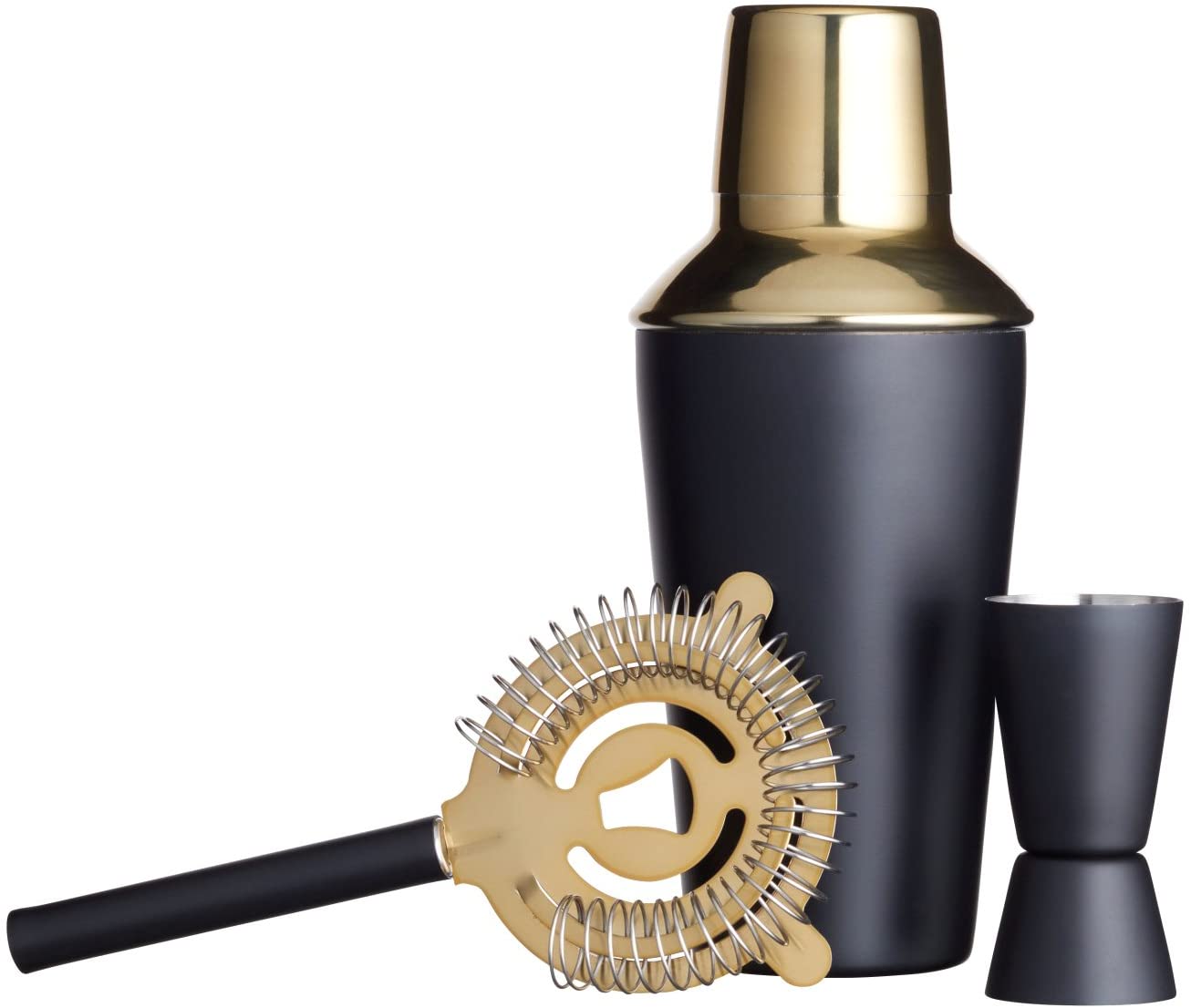 KitchenCraft BarCraft Luxury Stainless Steel Cocktail Set in Black and Brass Look as 3 Piece Gift Set, 10 x 10 x 19 cm