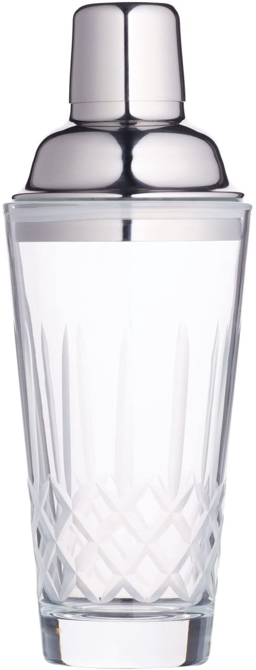 KitchenCraft BarCraft Glass Cocktail Shaker with Cut Patterns and Stainless Steel Strainer Deluxe Cocktail Mixer 400ml Includes Recipe Book and Gift Box