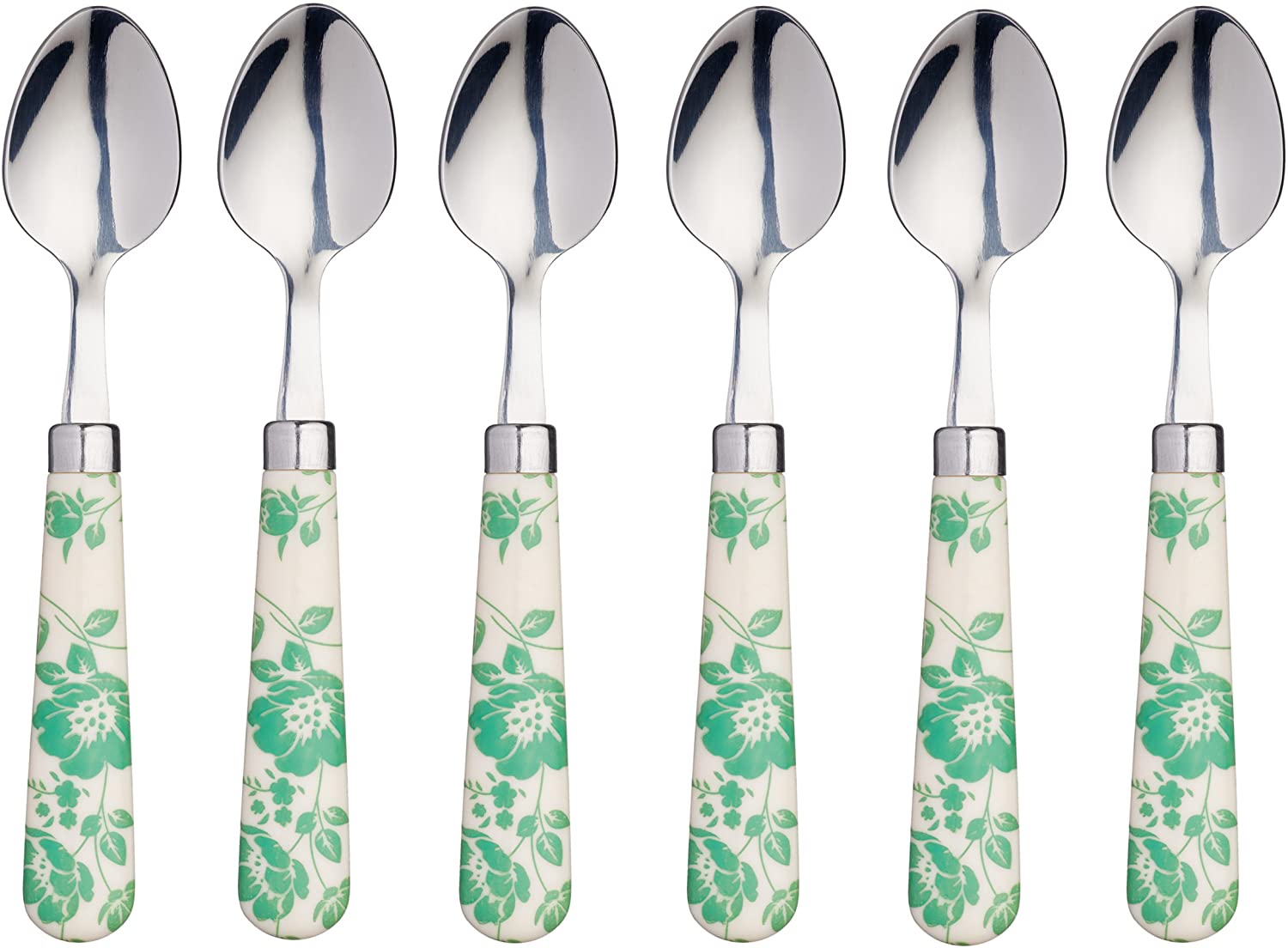 KitchenCraft Kitchen Craft AMZKCTSPNFLRGRSETSix Tea Spoons with Colourful Floral Pattern, Stainless Steel, Green, 15.5 x 3 x 2 cm, 6 Units