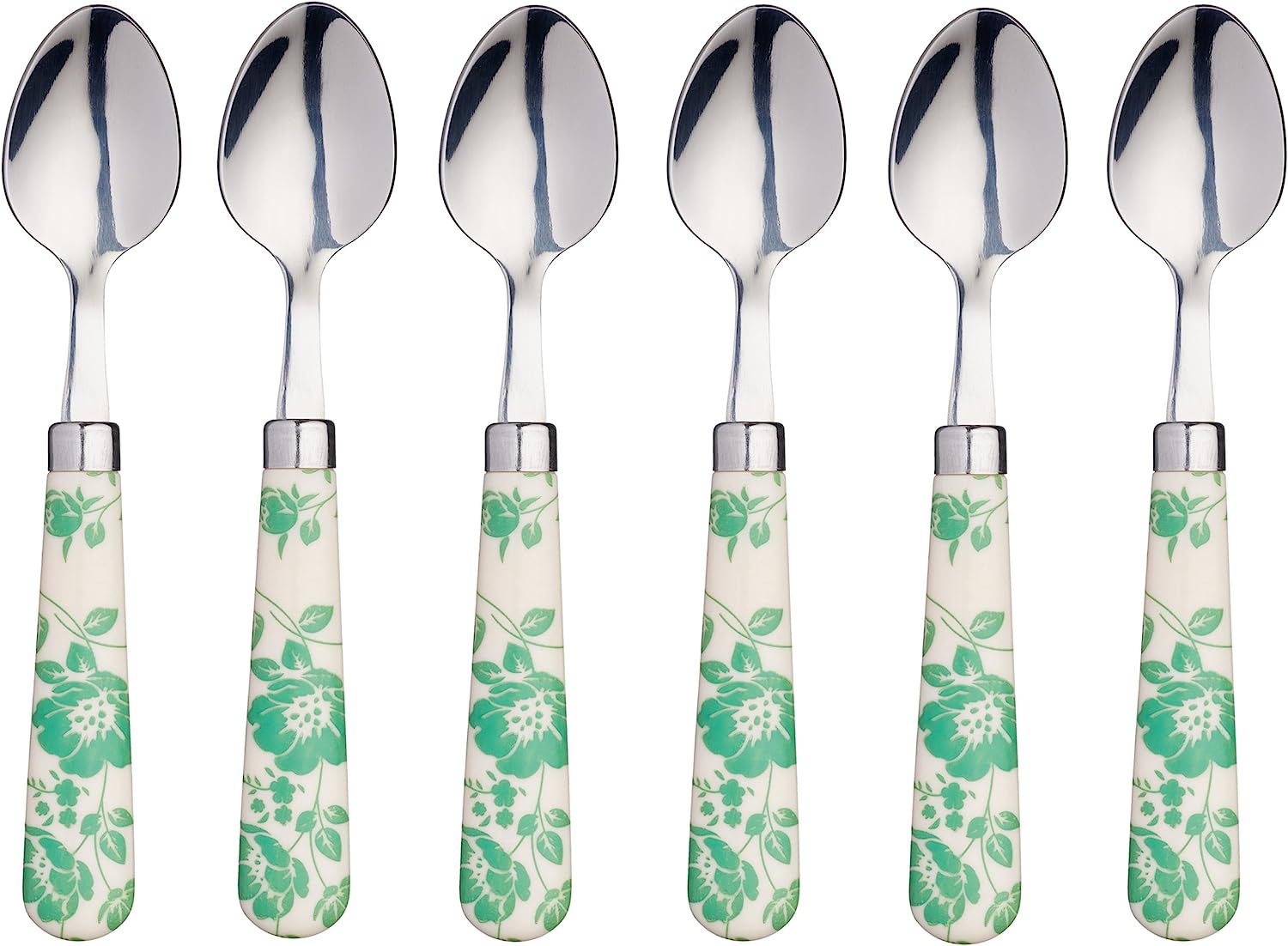KitchenCraft Kitchen Craft AMZKCTSPNFLRGRSETSix Tea Spoons with Colourful Floral Pattern, Stainless Steel, Green, 15.5 x 3 x 2 cm, 6 Units