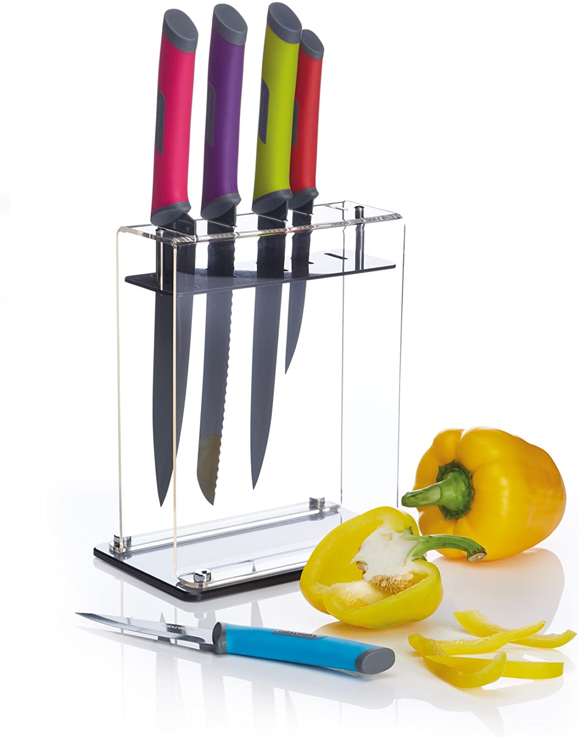 KitchenCraft Kitchen Craft Colourworks Acrylic Knife Block 5 Piece Coloured Stainless Steel Knife Set, Multi, 12 x 19 x 37 cm 6 Units