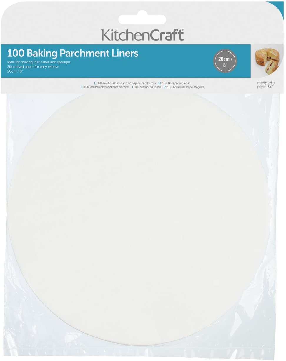KitchenCraft Greaseproof Non-Stick Baking Paper, 20 cm (8 Inches) Round (Pack of 100), Paper, White, cm, 20 x 20 x 0.1 cm, 1 Unit