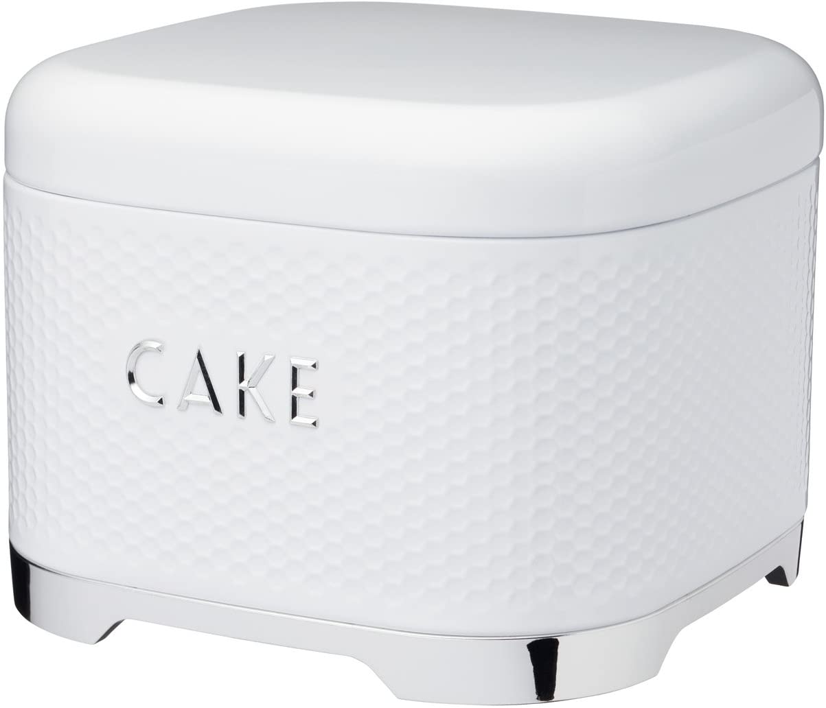 KitchenCraft Lovello Textured Cake Storage Tin with Geometric Hexagon Pattern, 26 x 26 x 19 cm (10 x 10 x 7.5 inches) - Ice White