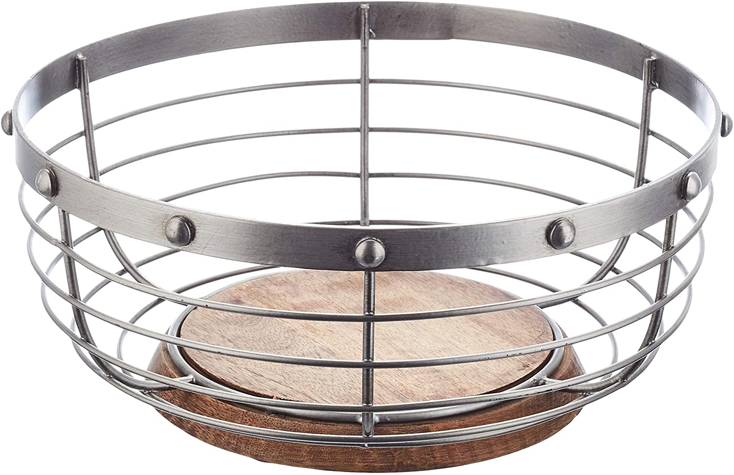 KitchenCraft Industrial Kitchen Fruit Bowl, Metal / Wood, Vintage Style, Steel, Grey, 28 x 28 x 12 cm, 1 Unit