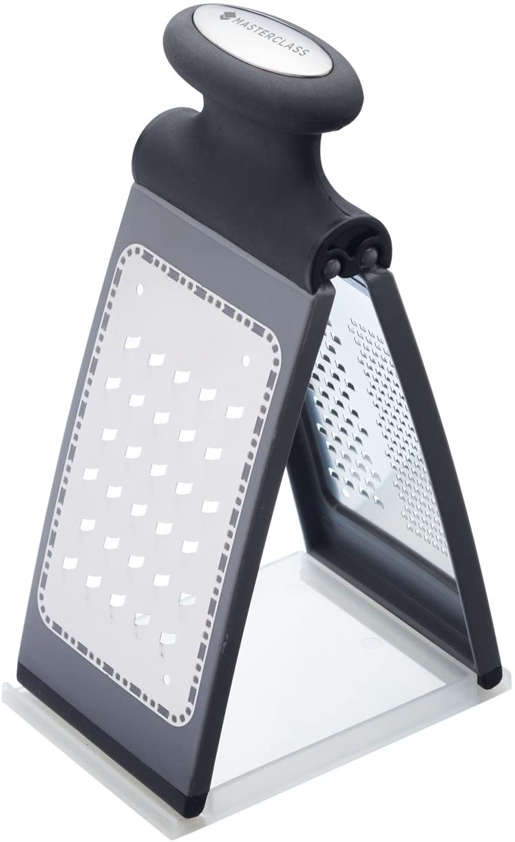 KitchenCraft MasterClass Smart Space Cheese Grater with Container, Foldable Grater for Parmesan or Vegetables, Non-Slip Base, Plastic and Stainless Steel, Various Grating Surfaces, with Handle, 12 x 8.5 x 21 cm