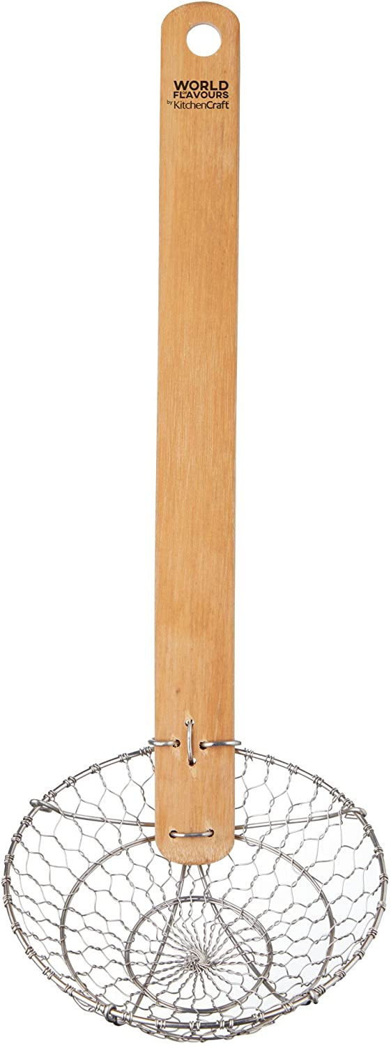 WORLD OF FLAVOURS KitchenCraft Chinese Spider Slotted Spoon with Bamboo Handle, 33 cm (13 inches), Wood, Multi-Colour, 1 x 1 x 1 cm