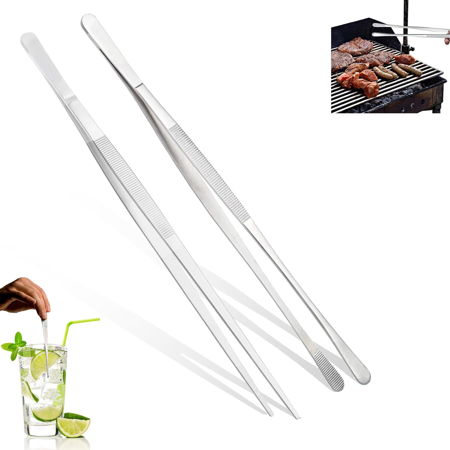 sinzau Kitchen Tweezers, 30 cm Cooking Tweezers Stainless Steel, Pack of 2 Tweezers Kitchen, Barbecue Tweezers Long, Meat Tweezers for Use Cooking, Grilling, Baking and Meat Tongs, Pointed / Round