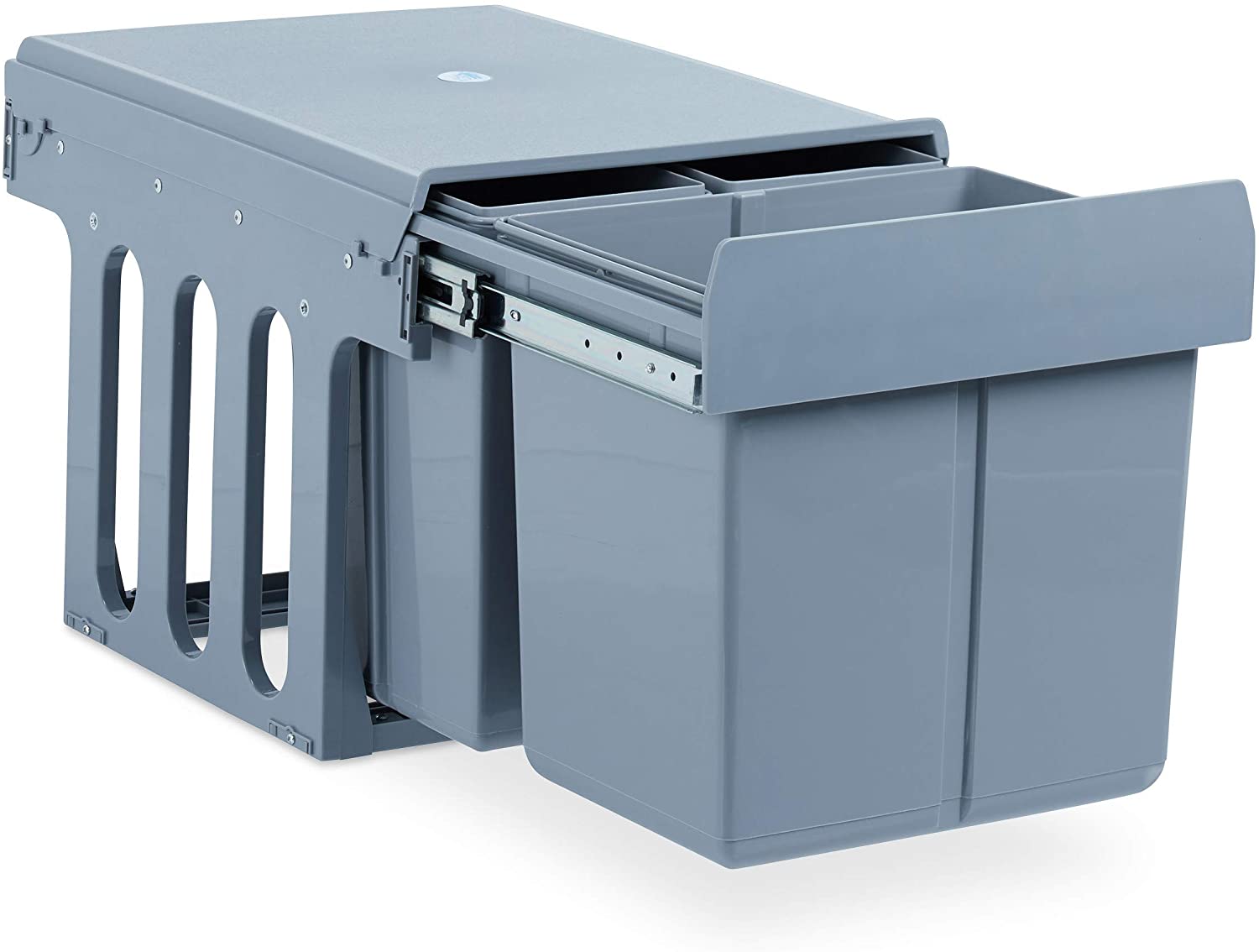 Relaxdays Integrated Kitchen Waste Bin, Pull-Out, 3-Way Under-Cabinet Waste System, 15 & 8 Litres, Plastic, HxWxD 35 x 34 x 48 cm, Grey