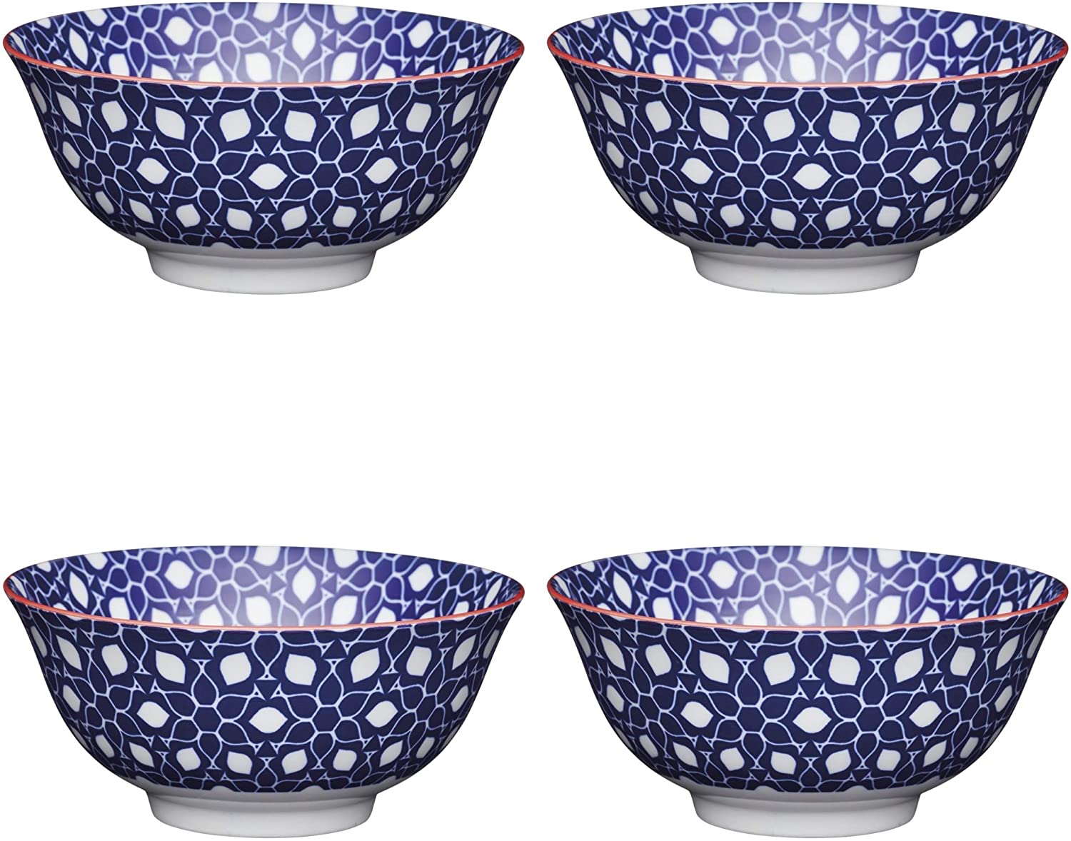 KitchenCraft Decorative Geometric Floral Stoneware Ceramic Bowl, Blue/White, 15.5 cm, Set of 4