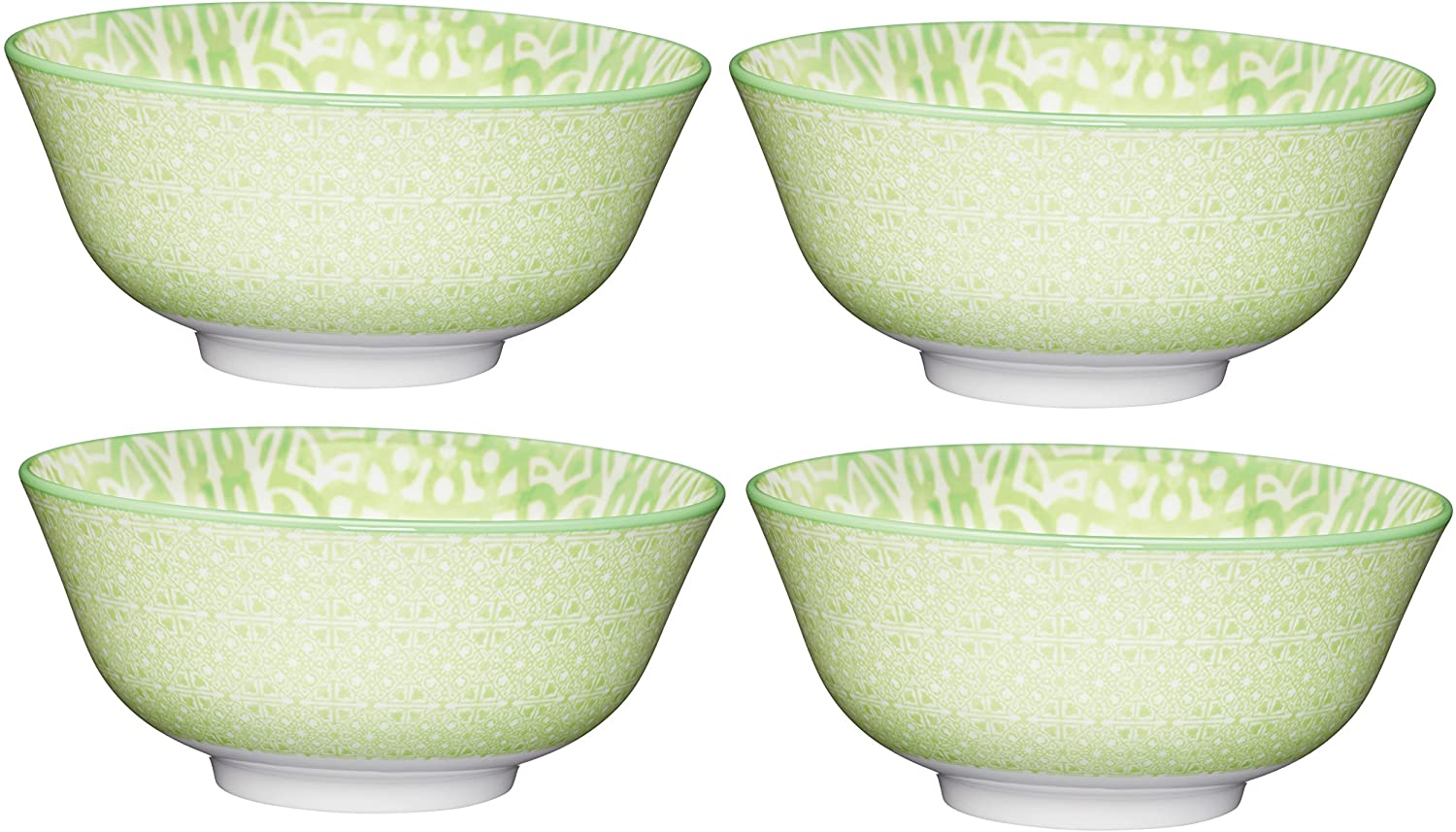 KitchenCraft Tile Pattern Foot Bowls, Ceramic, Green, 15.5 x 15.5 x 7.5 cm, 4 Units