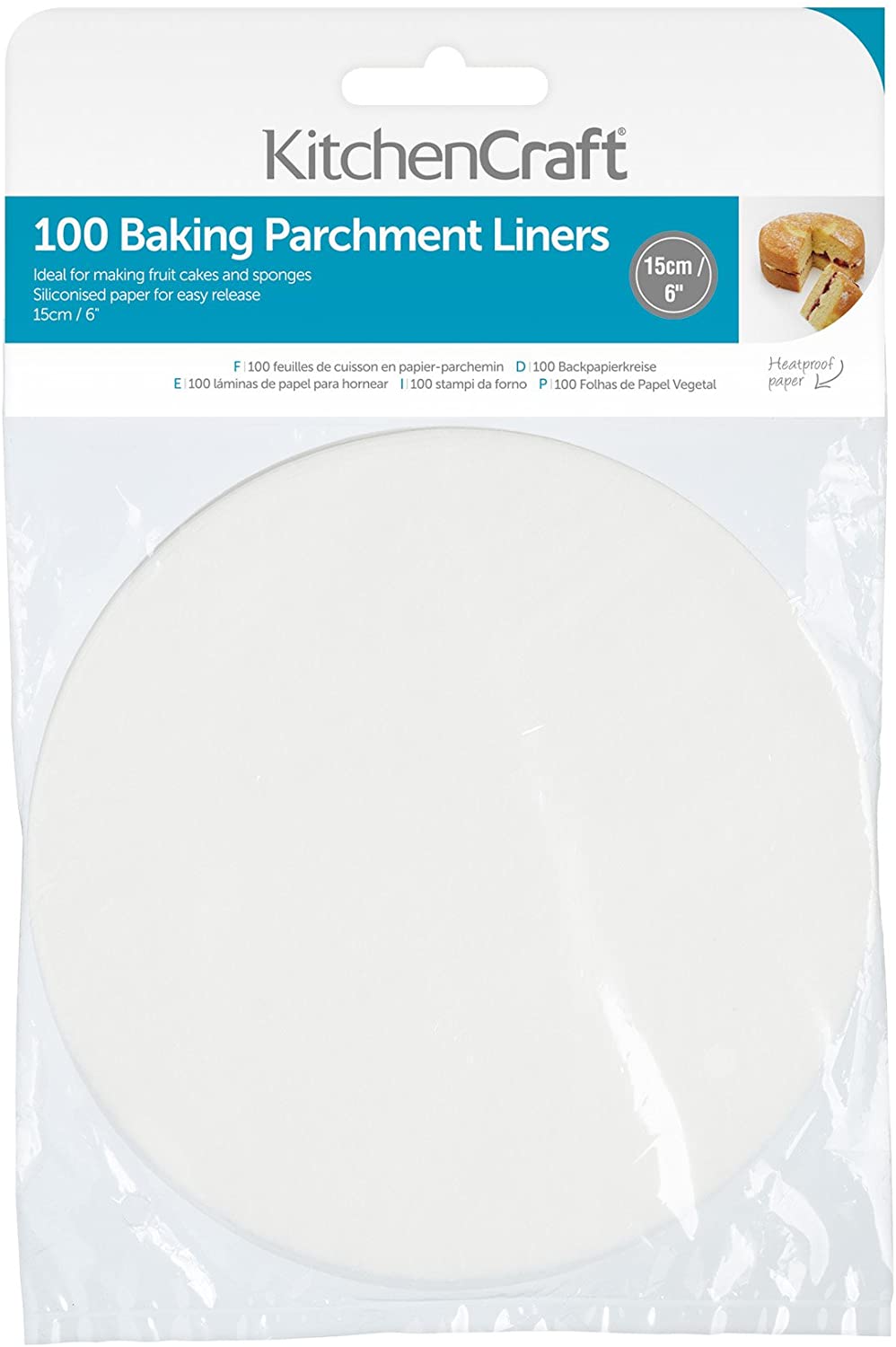 KitchenCraft Greaseproof Non-Stick Baking Paper, 15 cm (6 Inches) Round (Pack of 100), Paper, White, cm, 15.3 x 15.3 x 0.1 cm, 1 Unit